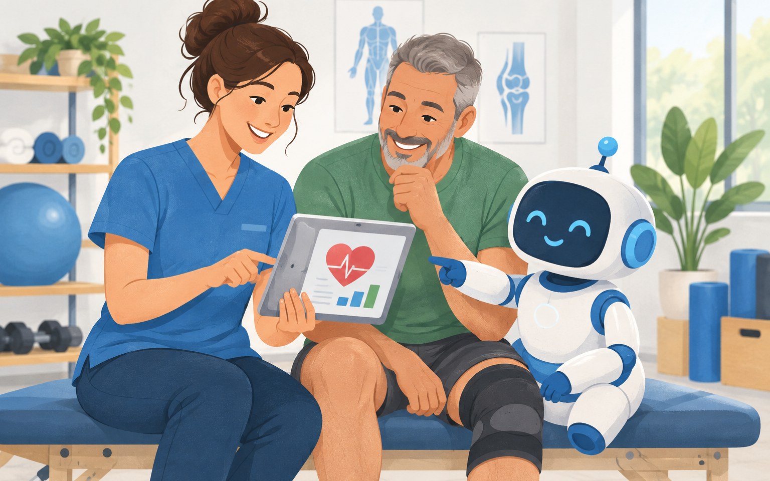 Illustration of a physical therapist and client reviewing a tablet with a friendly robot helper