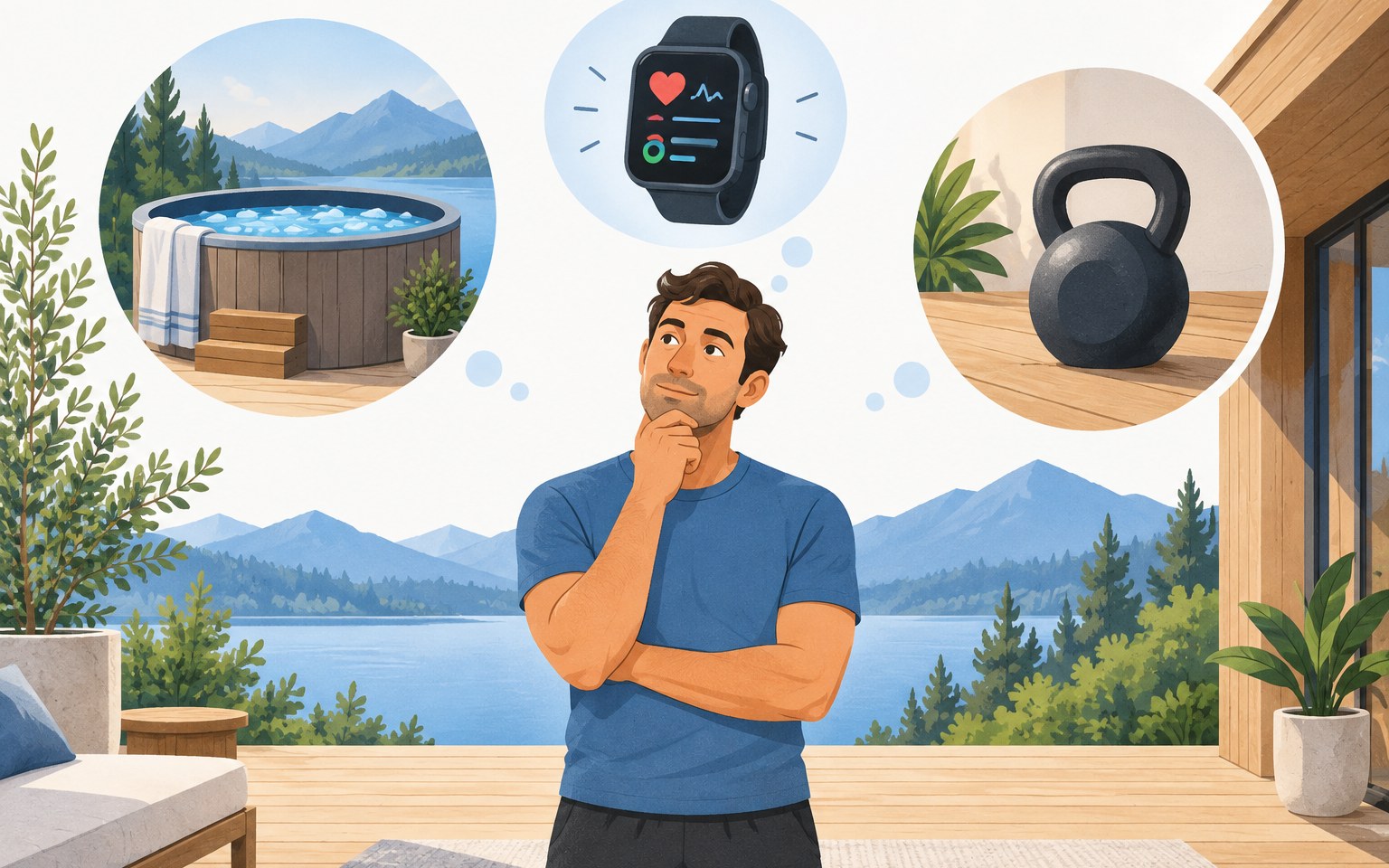 Illustration of a man weighing a cold plunge, a smartwatch and a kettlebell