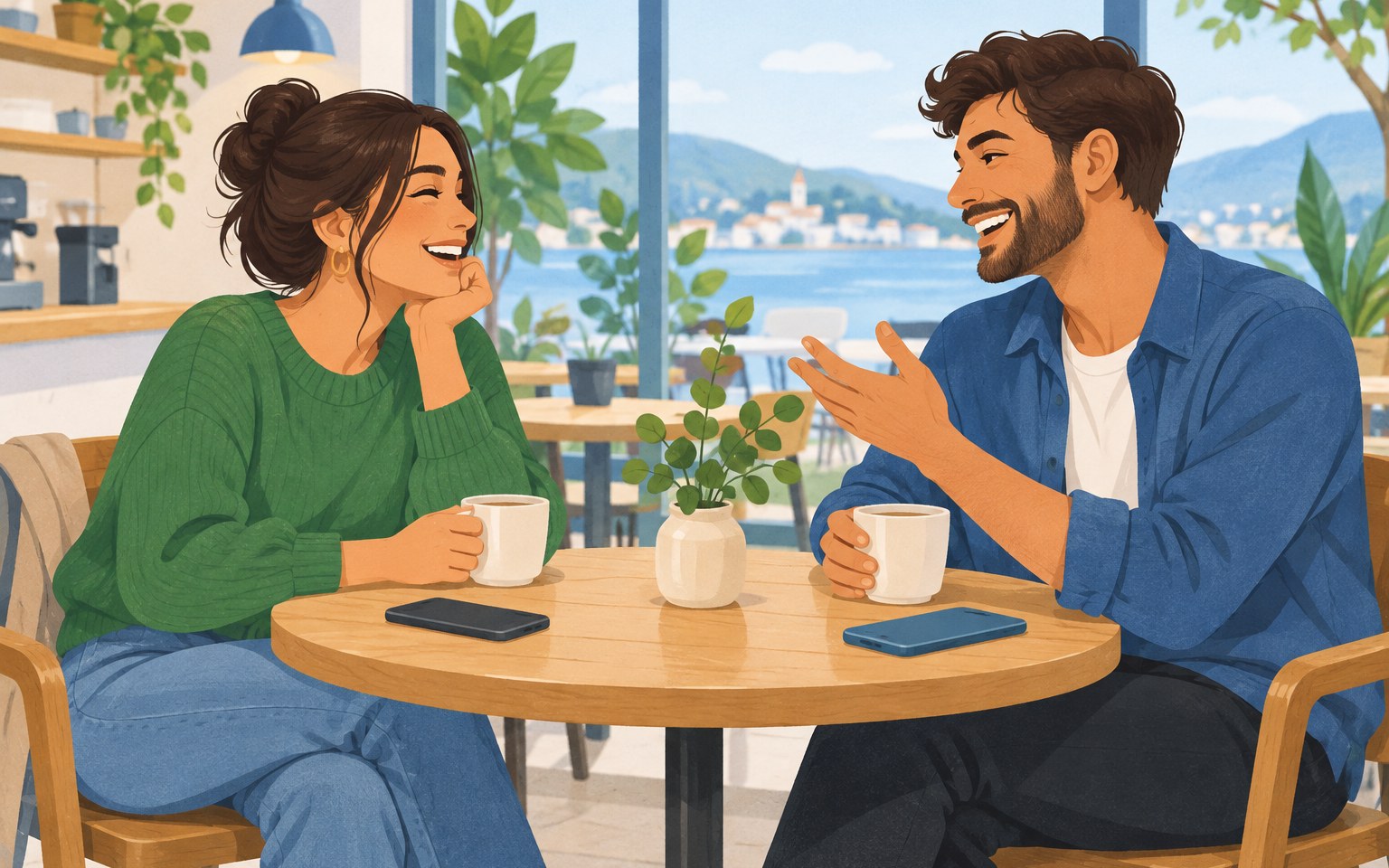 Illustration of two friends talking over coffee with their phones face down