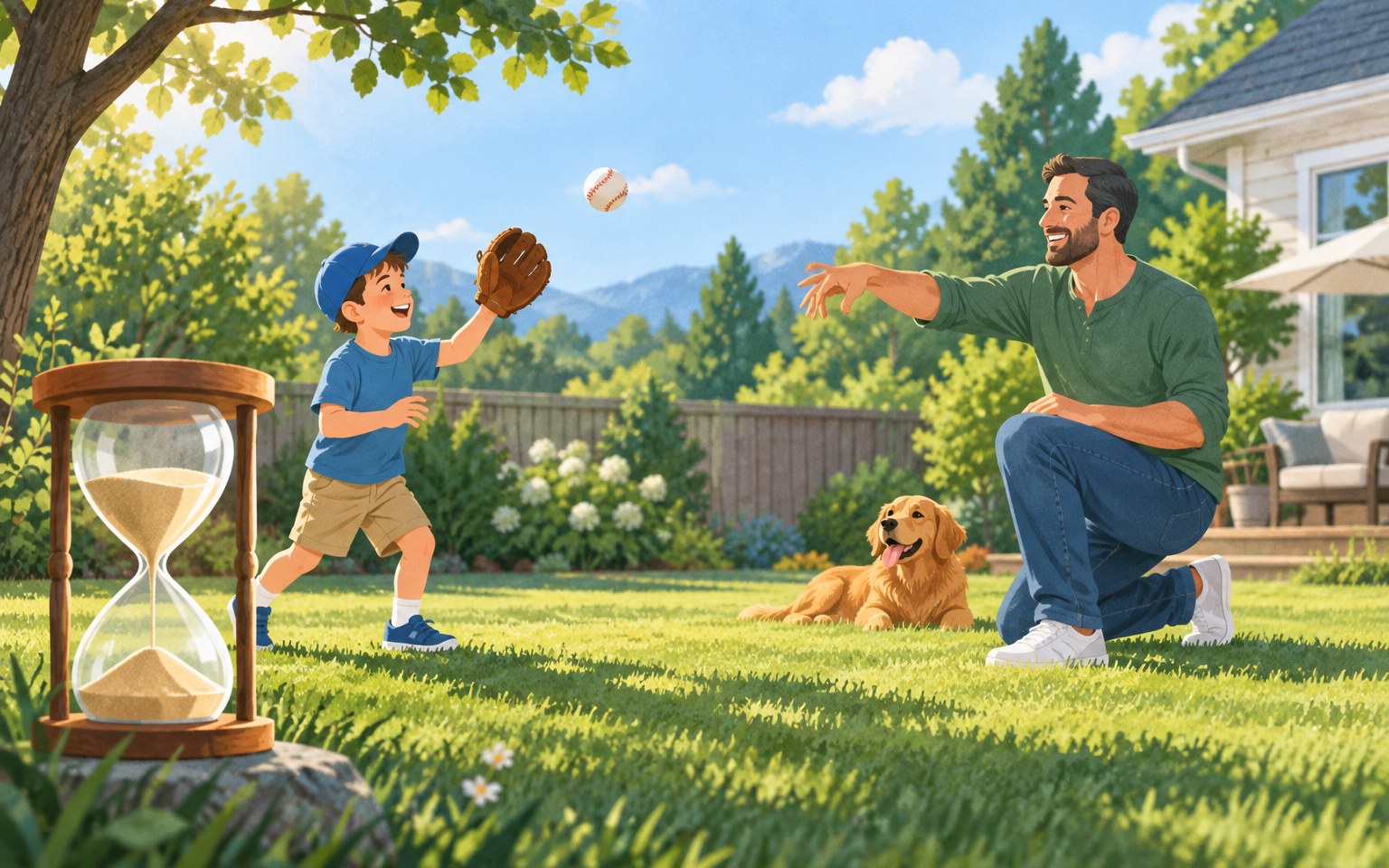 Illustration of a father playing catch with his son in the backyard beside an hourglass