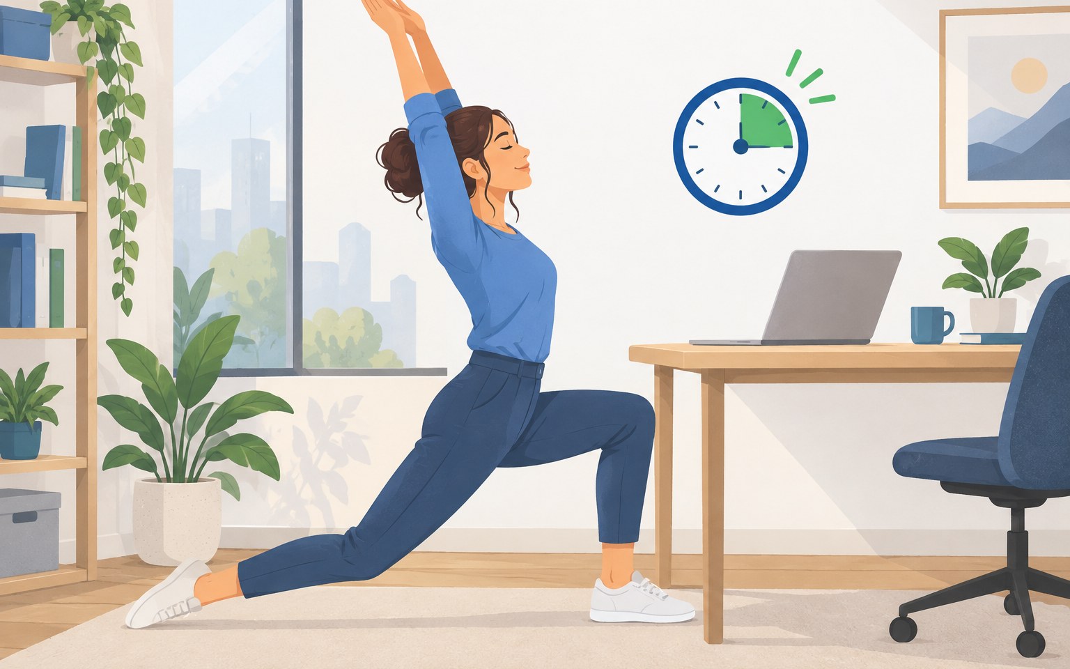 Illustration of an office worker stretching her hips next to her desk