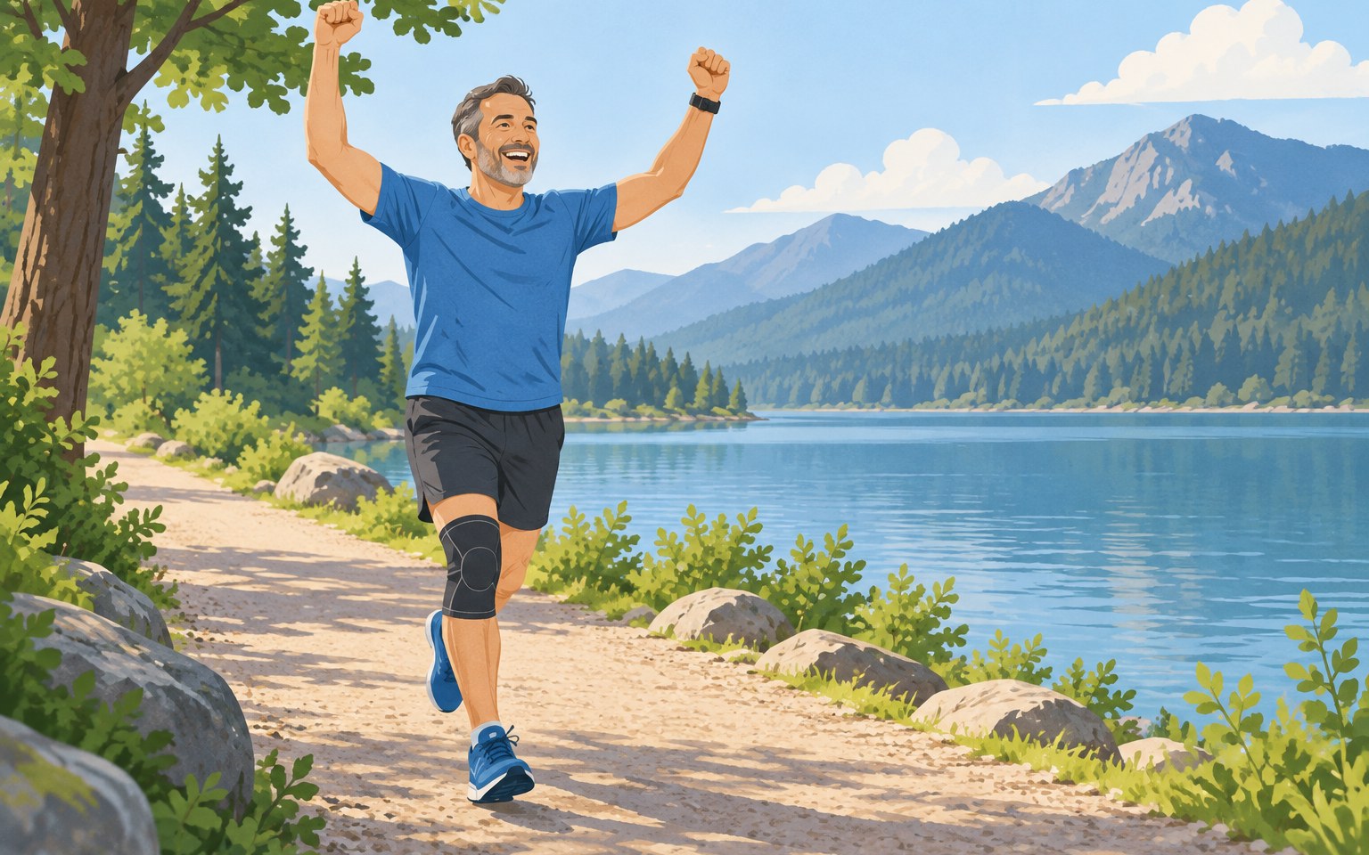 Illustration of a man celebrating on a lakeside run