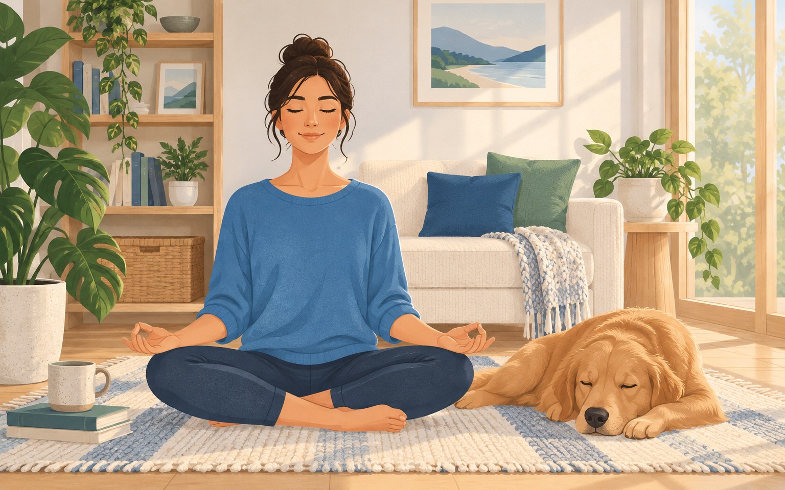 Illustration of a woman meditating in her living room with her dog asleep beside her
