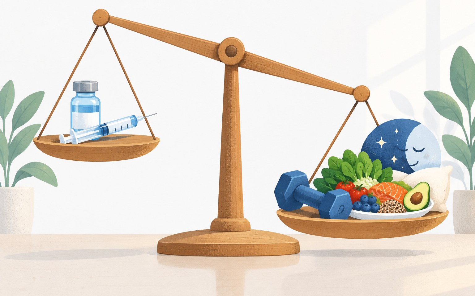 Illustration of a scale weighing a vial against food, sleep and a dumbbell