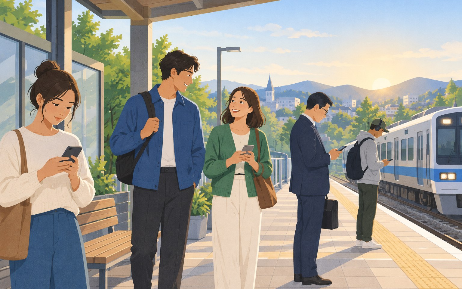 Illustration of commuters waiting on a train platform in the morning