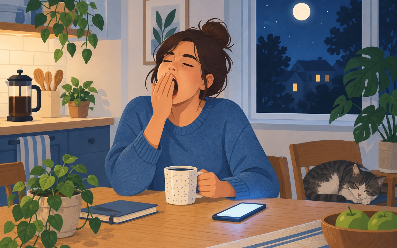 Illustration of a tired woman yawning at the kitchen table at night