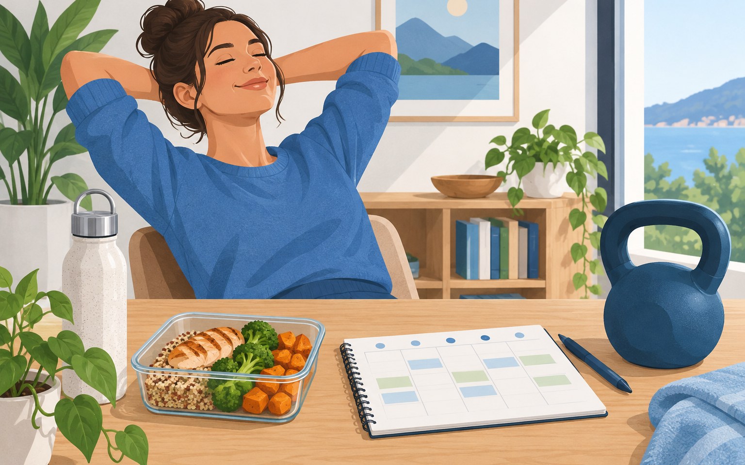 Illustration of a relaxed woman with a meal prep container, planner and kettlebell