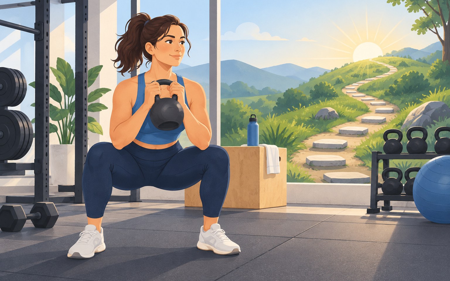 Illustration of a woman training with a kettlebell beside a path of small steps